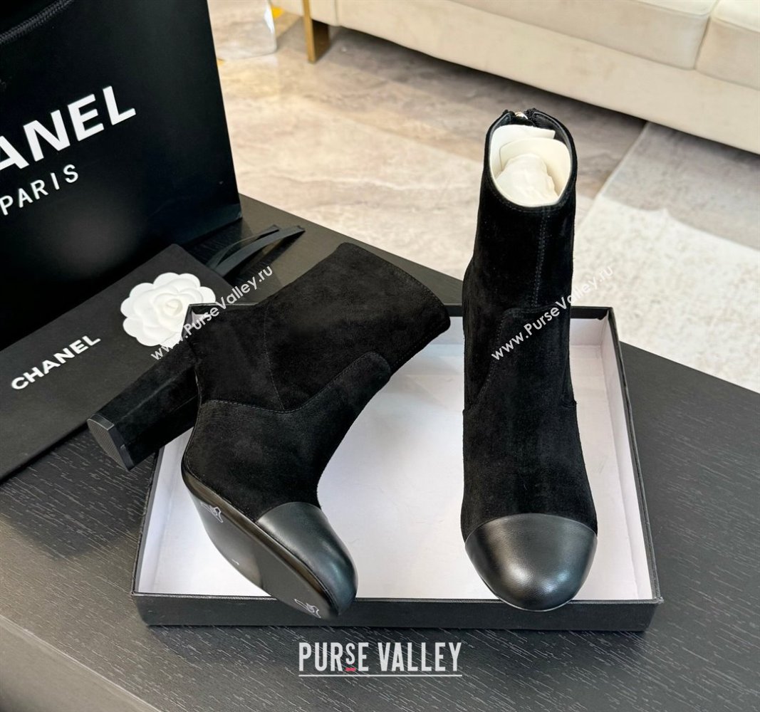 Chanel Suede and Calfskin Heel Ankle Boots 7cm Black 2024 CH101505 (KL-241015094)