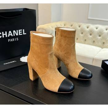 Chanel Suede and Calfskin Heel Ankle Boots 7cm Brown Yellow 2024 CH101505 (KL-241015096)