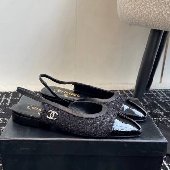 Chanel Tweed, Sequins Patent Calfskin Slingbacks Flats G46000 Black 2024 (KL-241016139)