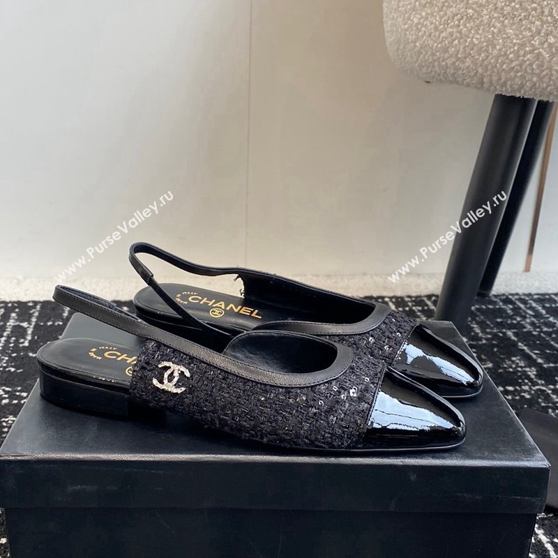 Chanel Tweed, Sequins Patent Calfskin Slingbacks Flats G46000 Black 2024 (KL-241016139)