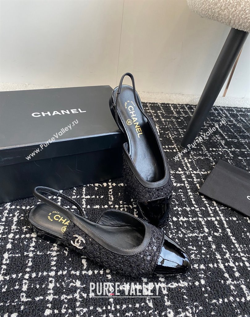 Chanel Tweed, Sequins Patent Calfskin Slingbacks Flats G46000 Black 2024 (KL-241016139)