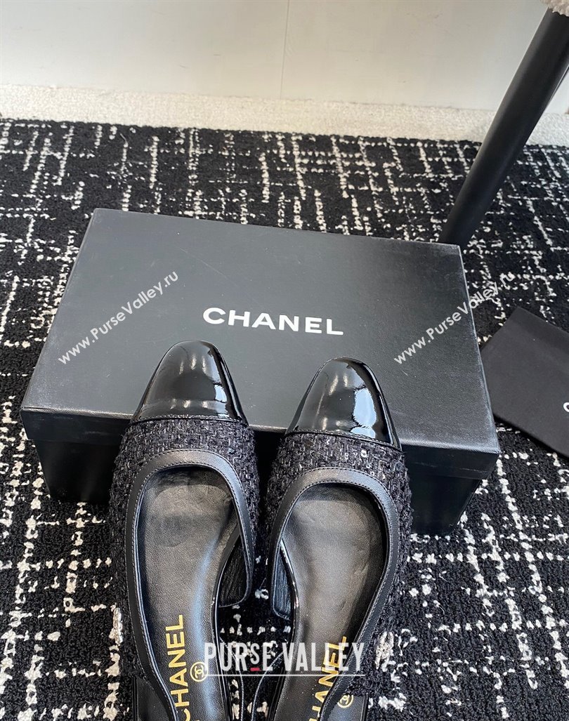 Chanel Tweed, Sequins Patent Calfskin Slingbacks Flats G46000 Black 2024 (KL-241016139)