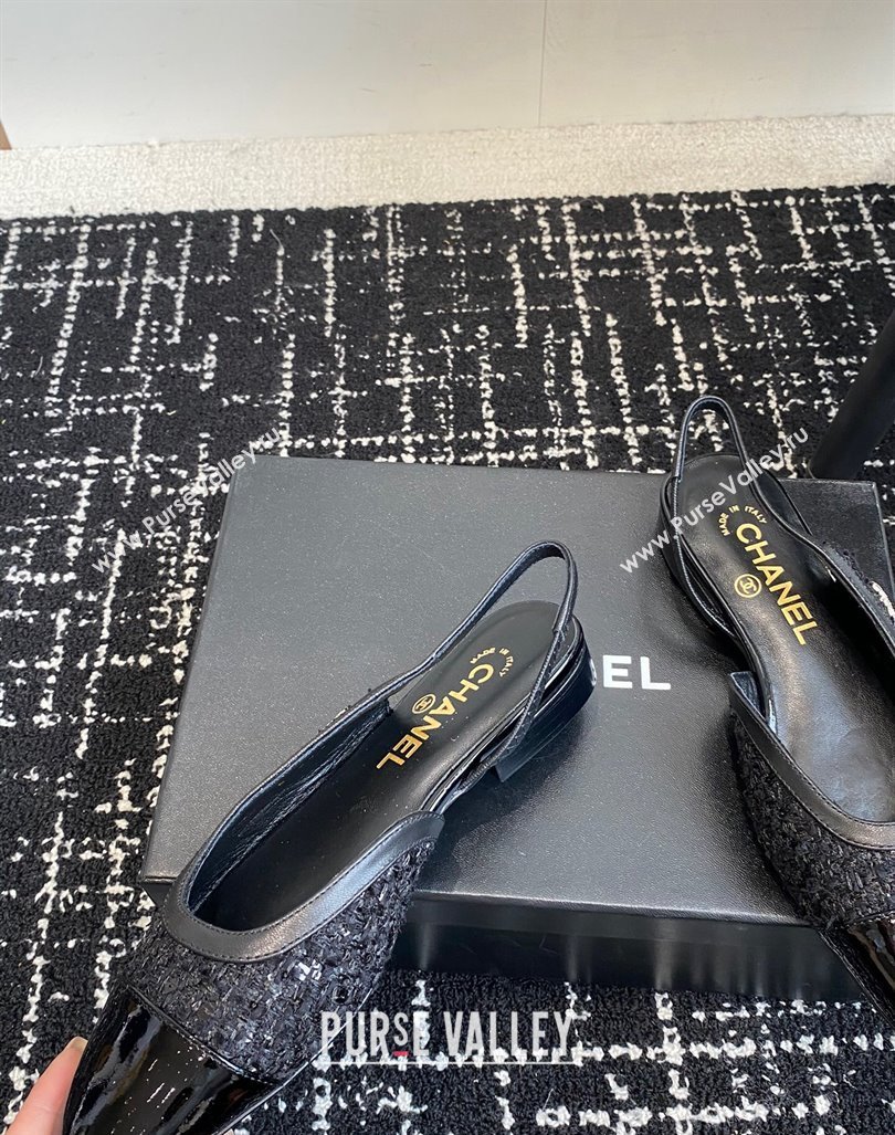 Chanel Tweed, Sequins Patent Calfskin Slingbacks Flats G46000 Black 2024 (KL-241016139)