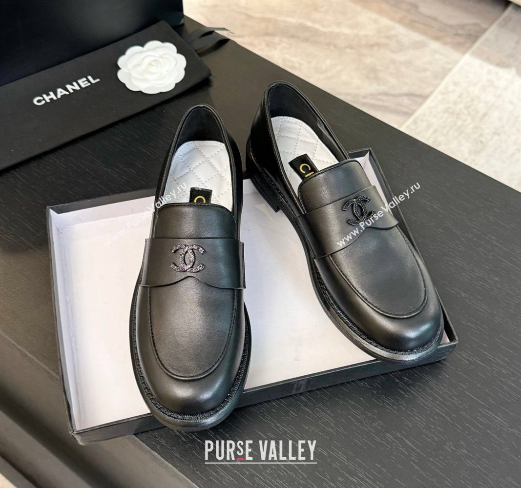 Chanel Calfskin Loafers with Black Strass CC Black Leather 2024 CH101713 (KL-241017060)