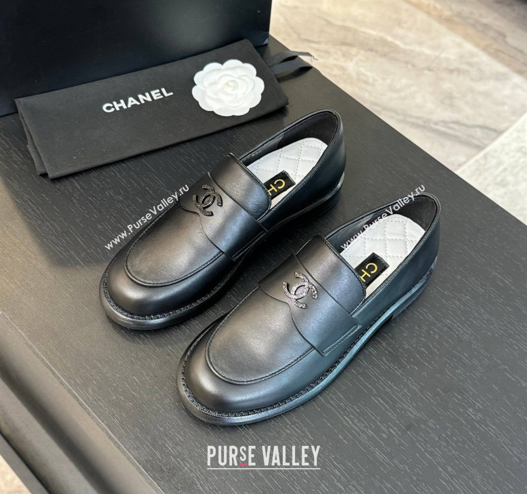 Chanel Calfskin Loafers with Black Strass CC Black Leather 2024 CH101713 (KL-241017060)