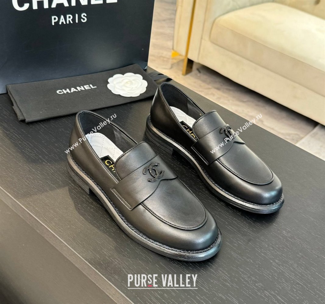 Chanel Calfskin Loafers with Black Strass CC Black Leather 2024 CH101713 (KL-241017060)