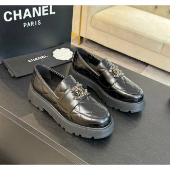 Chanel Quilted Shiny Calfskin Platform Loafers 5.5cm with Chain CC Black 2024 CH101709 (KL-241017043)