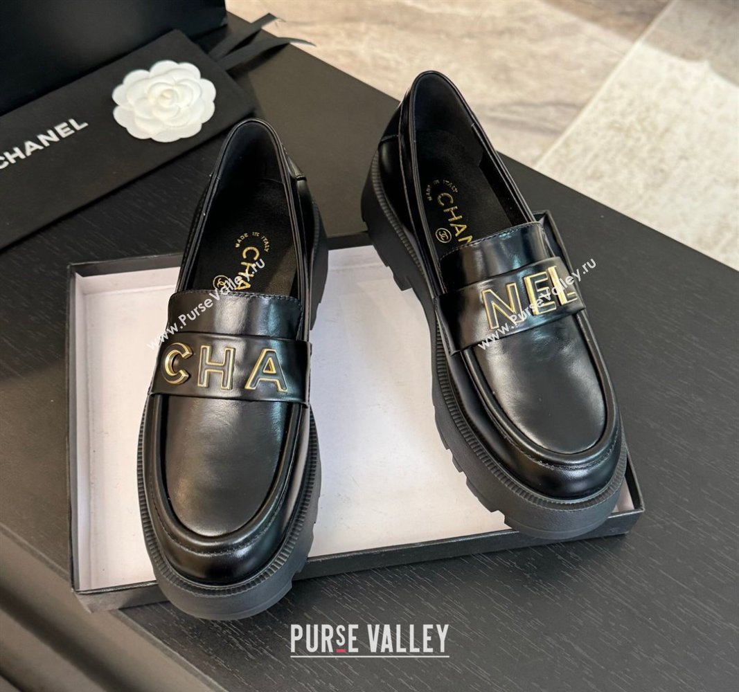 Chanel Shiny Calfskin Platform Loafers 5.5cm with Letters Black 2024 CH101710 (KL-241017046)