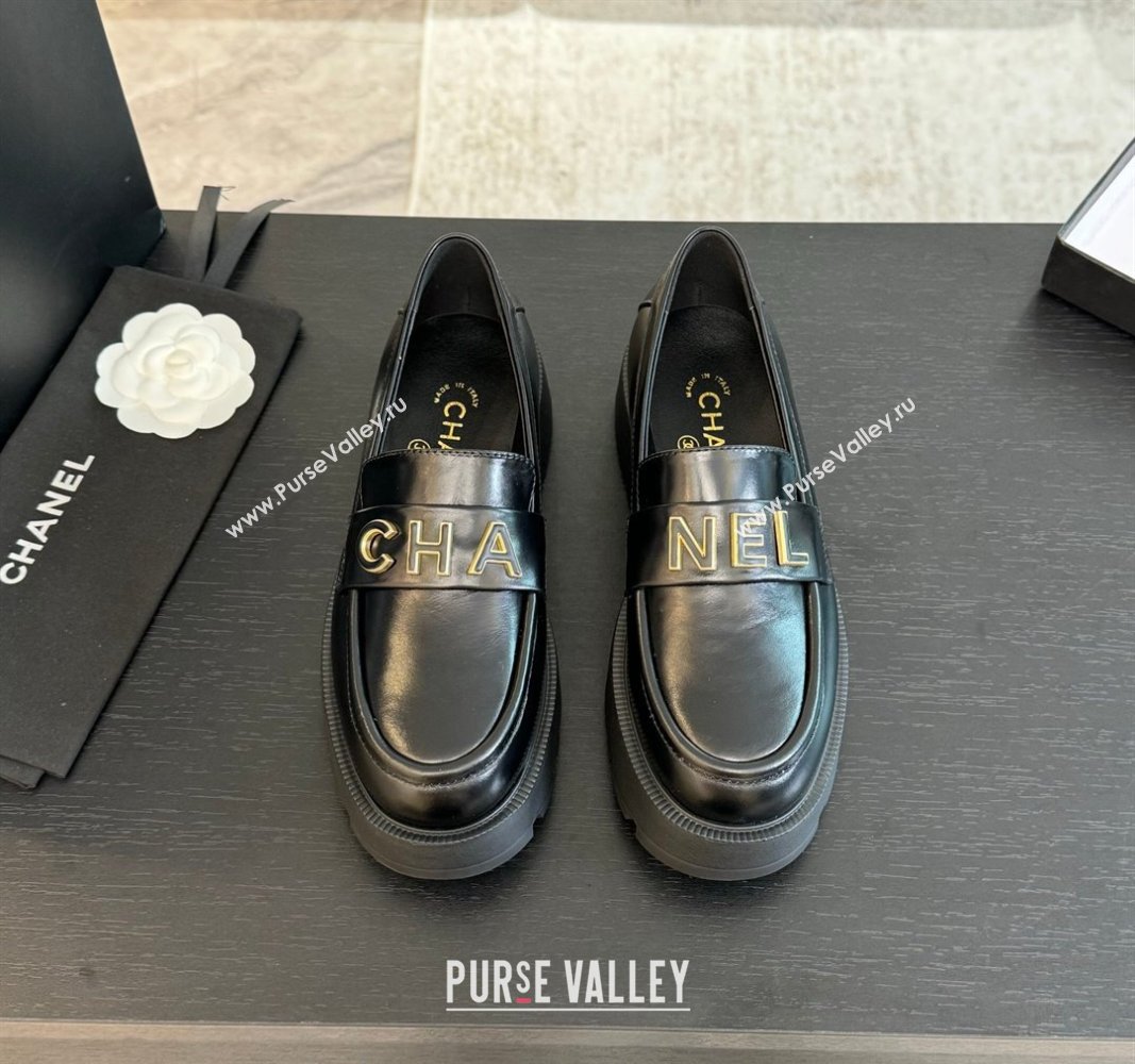 Chanel Shiny Calfskin Platform Loafers 5.5cm with Letters Black 2024 CH101710 (KL-241017046)