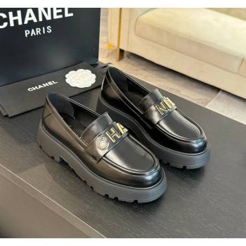 Chanel Shiny Calfskin Platform Loafers 5.5cm with Letters Black 2024 CH101710 (KL-241017046)