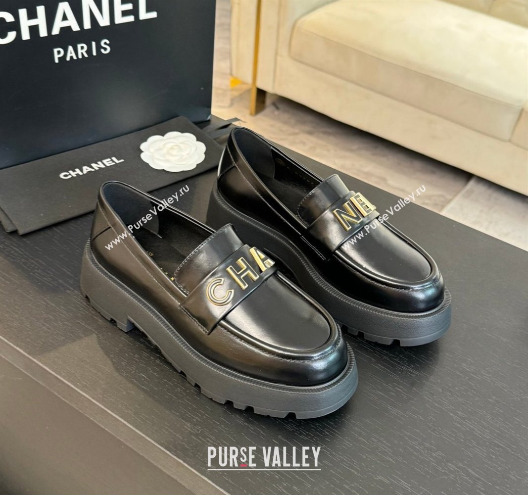 Chanel Shiny Calfskin Platform Loafers 5.5cm with Letters Black 2024 CH101710 (KL-241017046)