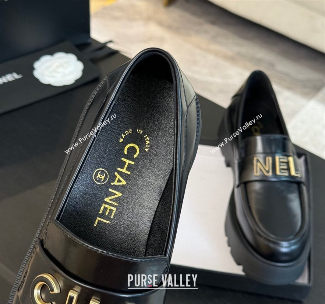 Chanel Shiny Calfskin Platform Loafers 5.5cm with Letters Black 2024 CH101710 (KL-241017046)