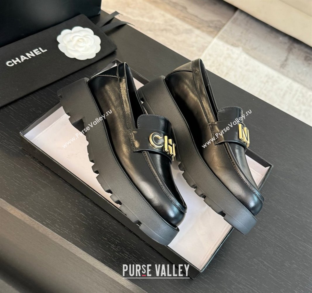 Chanel Shiny Calfskin Platform Loafers 5.5cm with Letters Black 2024 CH101710 (KL-241017046)