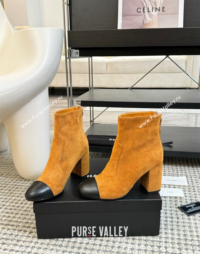 Chanel Suede and Lambskin Heel Ankle Boots 7cm Brown Yellow 2024 CH101506 (KL-241015100)