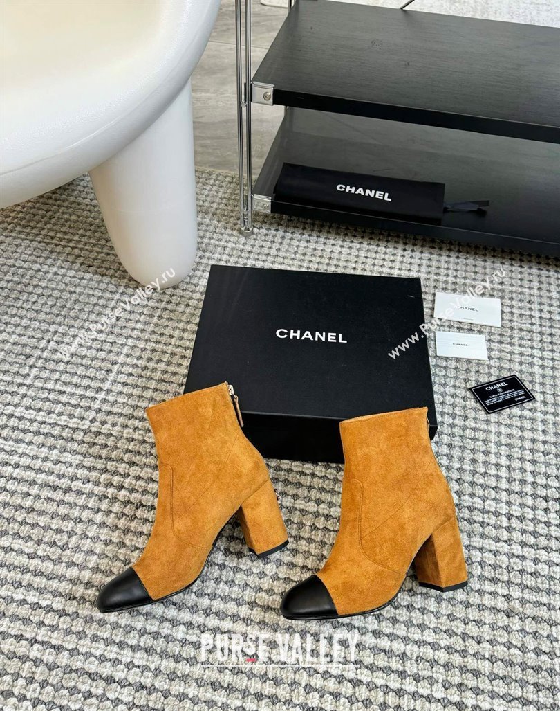 Chanel Suede and Lambskin Heel Ankle Boots 7cm Brown Yellow 2024 CH101506 (KL-241015100)