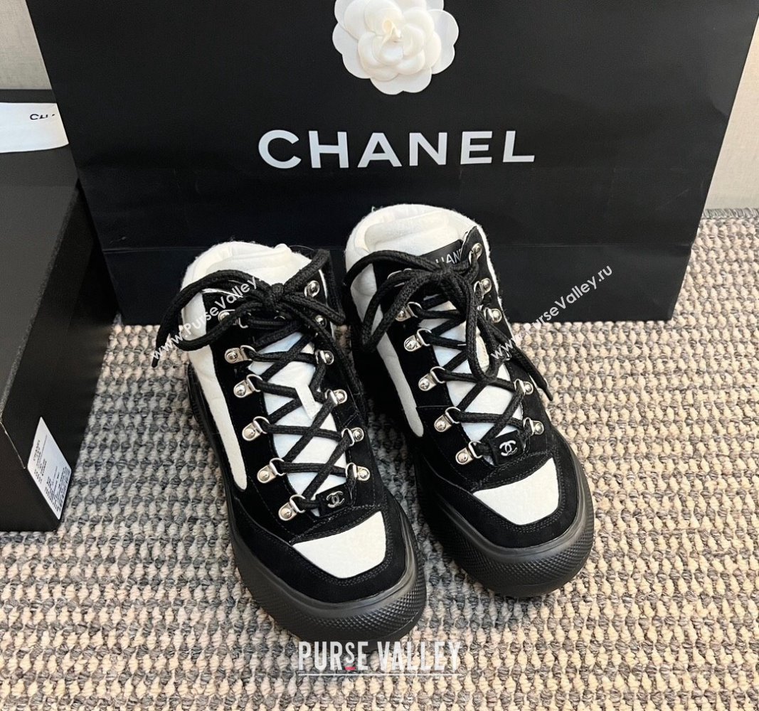 Chanel Coco Neige Wool and Suede Snow Sneakers 5cm G45337 White/Black 2024 (KL-241017116)