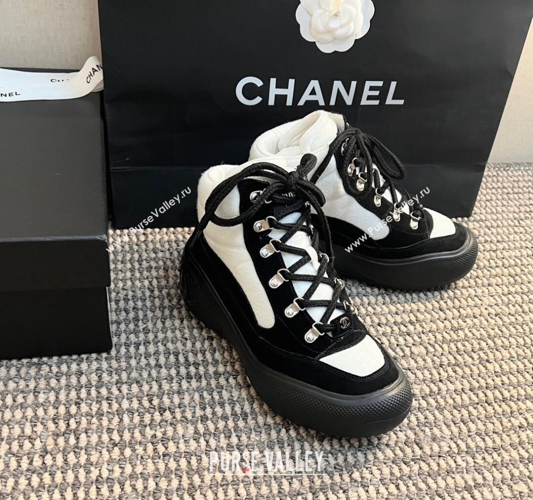 Chanel Coco Neige Wool and Suede Snow Sneakers 5cm G45337 White/Black 2024 (KL-241017116)