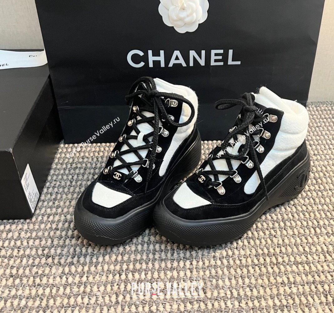 Chanel Coco Neige Wool and Suede Snow Sneakers 5cm G45337 White/Black 2024 (KL-241017116)