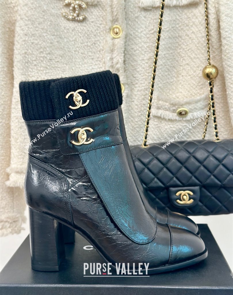 Chanel Calfskin Knit Ankle Boots 8cm with CC Black 2024 CH101617 (MD-241016063)