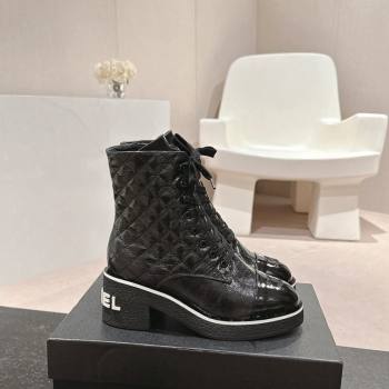 Chanel Contrasting Patent Calfskin Laced-up Ankle Boots Black 2024 CH101622 (MD-241016079)