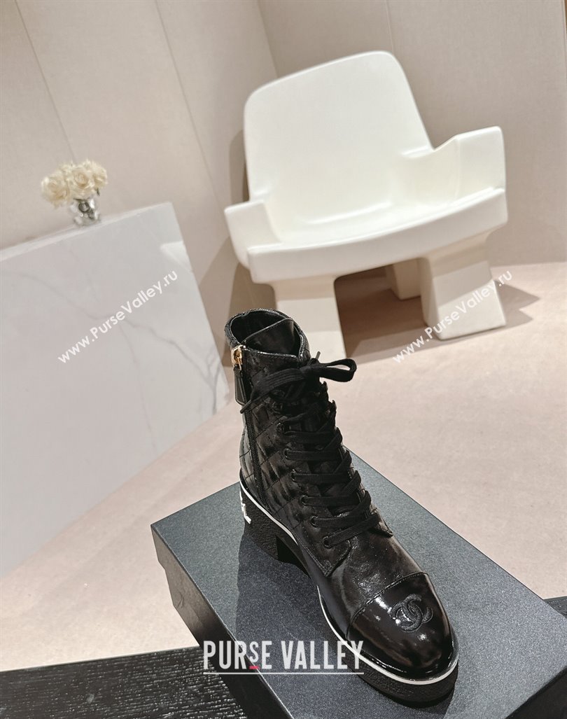 Chanel Contrasting Patent Calfskin Laced-up Ankle Boots Black 2024 CH101622 (MD-241016079)