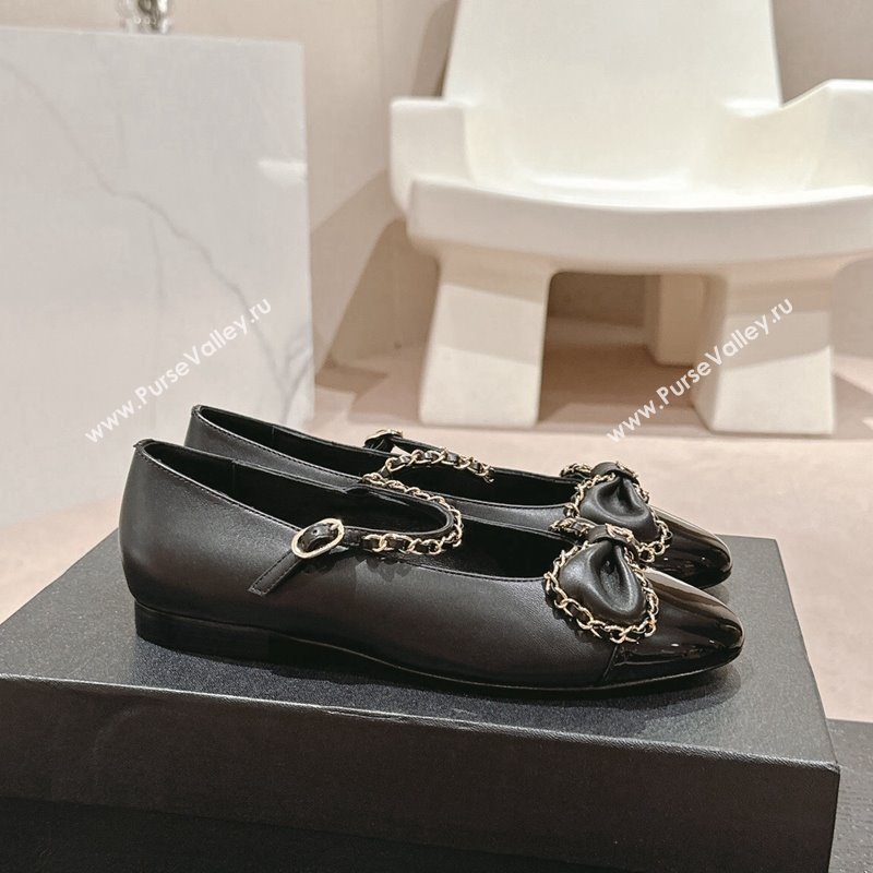 Chanel Calfskin Patent Mary Janes Ballet Flats with Bow and Chain Black 2024 CH101629 (MD-241016112)