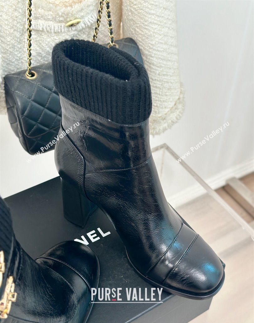 Chanel Calfskin Knit Ankle Boots 8cm with CC Black 2024 CH101617 (MD-241016063)