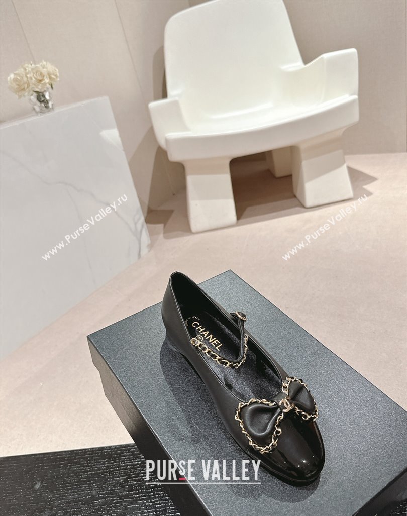 Chanel Calfskin Patent Mary Janes Ballet Flats with Bow and Chain Black 2024 CH101629 (MD-241016112)