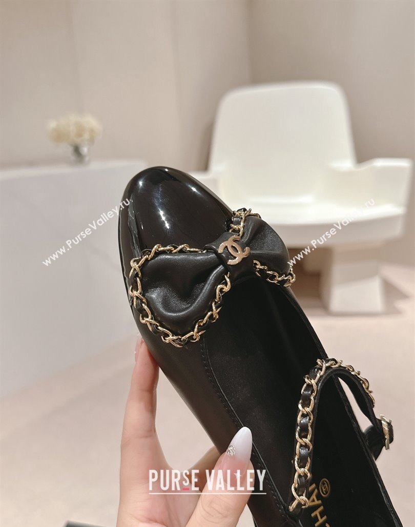 Chanel Calfskin Patent Mary Janes Ballet Flats with Bow and Chain Black 2024 CH101629 (MD-241016112)