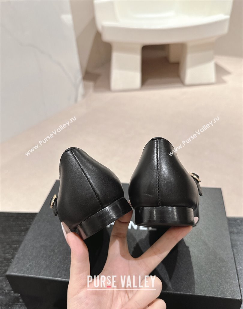 Chanel Calfskin Patent Mary Janes Ballet Flats with Bow and Chain Black 2024 CH101629 (MD-241016112)