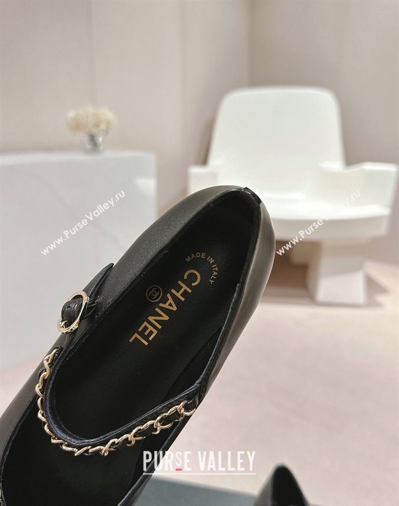 Chanel Calfskin Patent Mary Janes Ballet Flats with Bow and Chain Black 2024 CH101629 (MD-241016112)