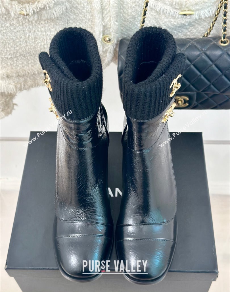 Chanel Calfskin Knit Ankle Boots 8cm with CC Black 2024 CH101617 (MD-241016063)