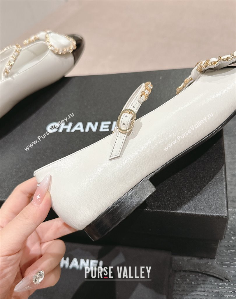 Chanel Calfskin Patent Mary Janes Ballet Flats with Bow and Chain White 2024 CH101629 (MD-241016113)