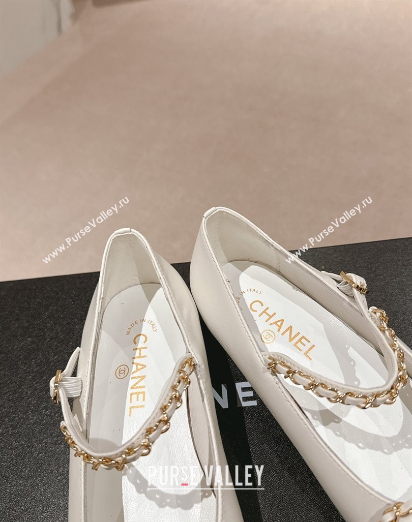 Chanel Calfskin Patent Mary Janes Ballet Flats with Bow and Chain White 2024 CH101629 (MD-241016113)