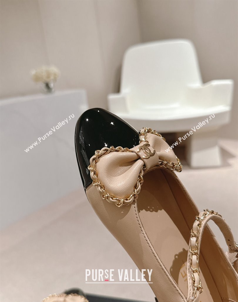 Chanel Calfskin Patent Mary Janes Ballet Flats with Bow and Chain Beige 2024 CH101629 (MD-241016114)