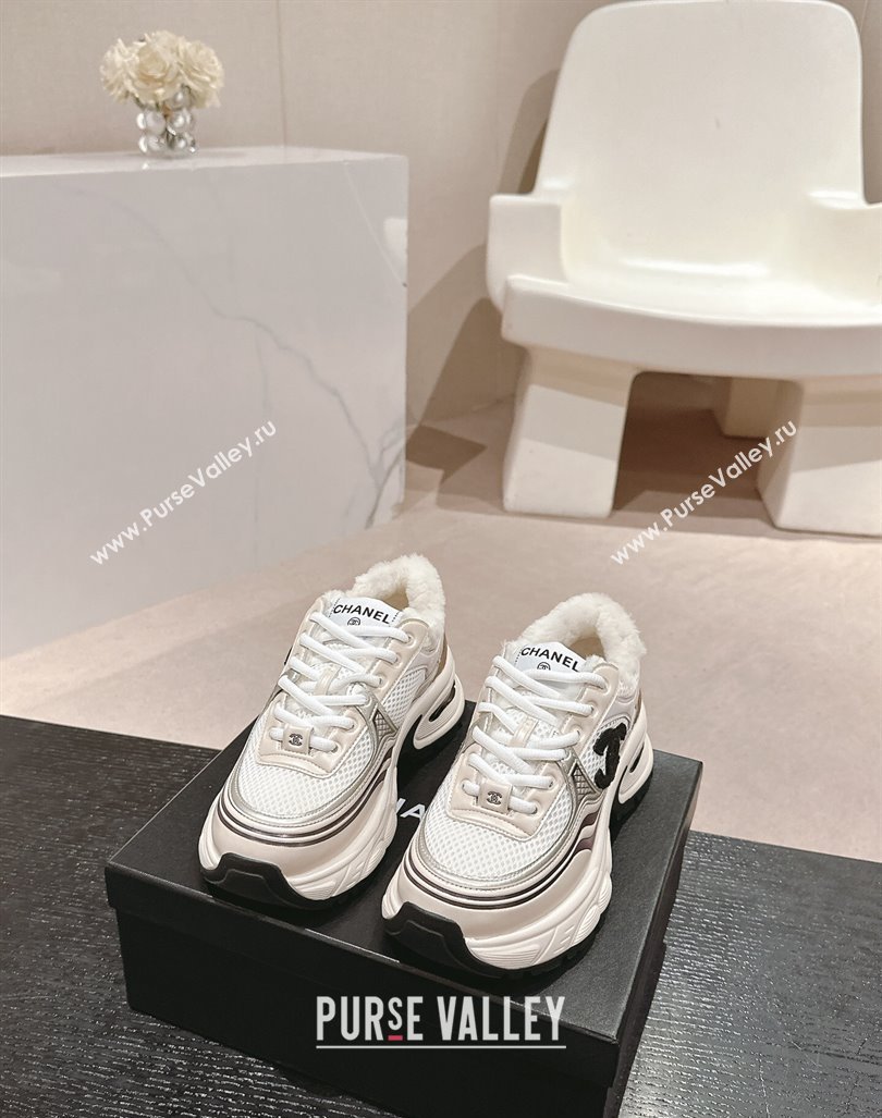 Chanel Calfskin, Mesh and Wool Sneakers White/Champagne 2024 CH101627 (MD-241016099)