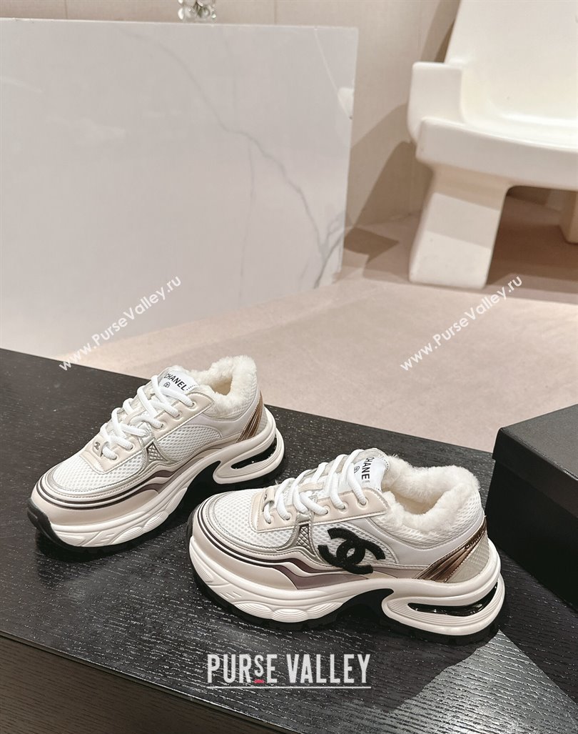 Chanel Calfskin, Mesh and Wool Sneakers White/Champagne 2024 CH101627 (MD-241016099)