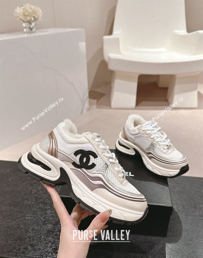 Chanel Calfskin, Mesh and Wool Sneakers White/Champagne 2024 CH101627 (MD-241016099)