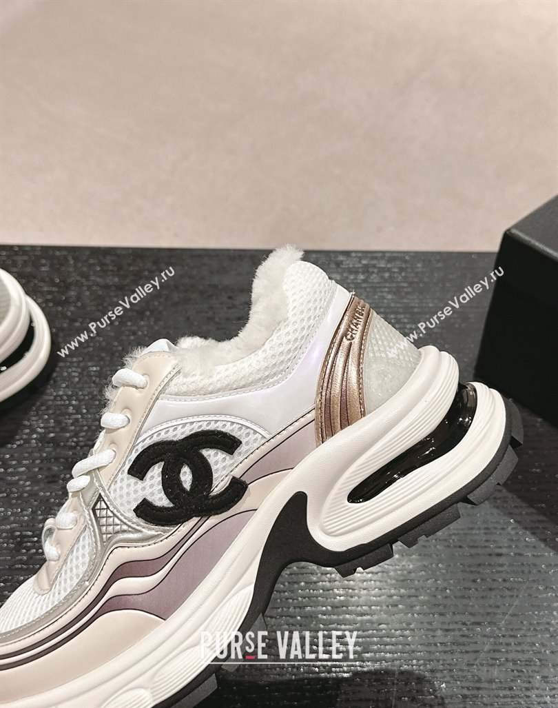 Chanel Calfskin, Mesh and Wool Sneakers White/Champagne 2024 CH101627 (MD-241016099)