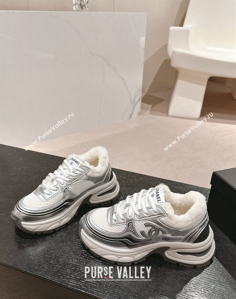 Chanel Calfskin, Mesh and Wool Sneakers White/Silver 2024 CH101627 (MD-241016100)