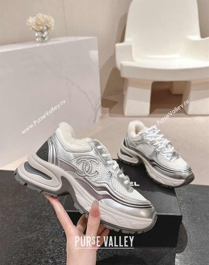 Chanel Calfskin, Mesh and Wool Sneakers White/Silver 2024 CH101627 (MD-241016100)