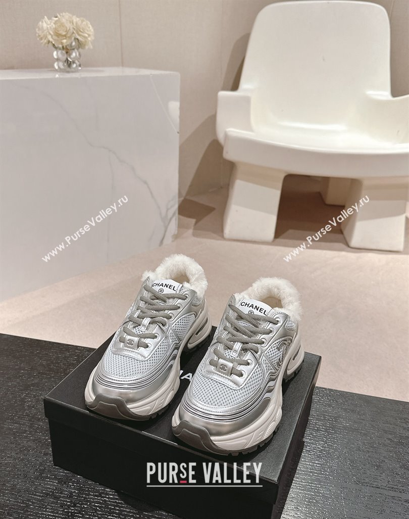 Chanel Calfskin, Mesh and Wool Sneakers Silver 2 2024 CH101627 (MD-241016101)