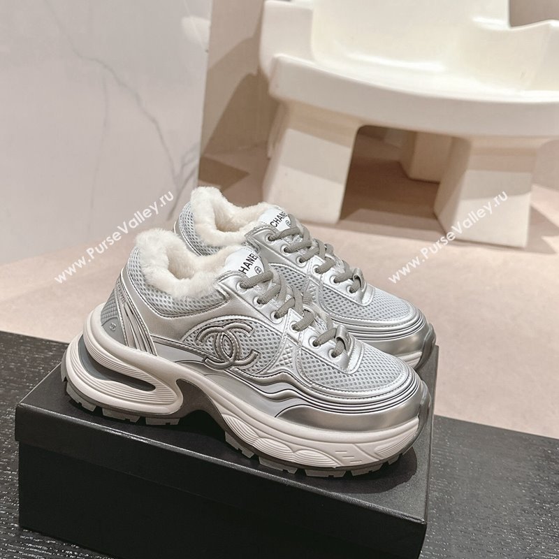 Chanel Calfskin, Mesh and Wool Sneakers Silver 2 2024 CH101627 (MD-241016101)