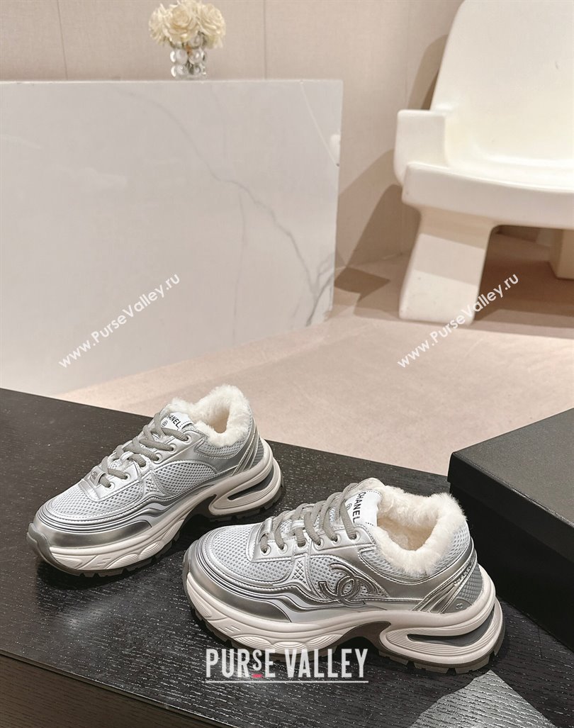 Chanel Calfskin, Mesh and Wool Sneakers Silver 2 2024 CH101627 (MD-241016101)