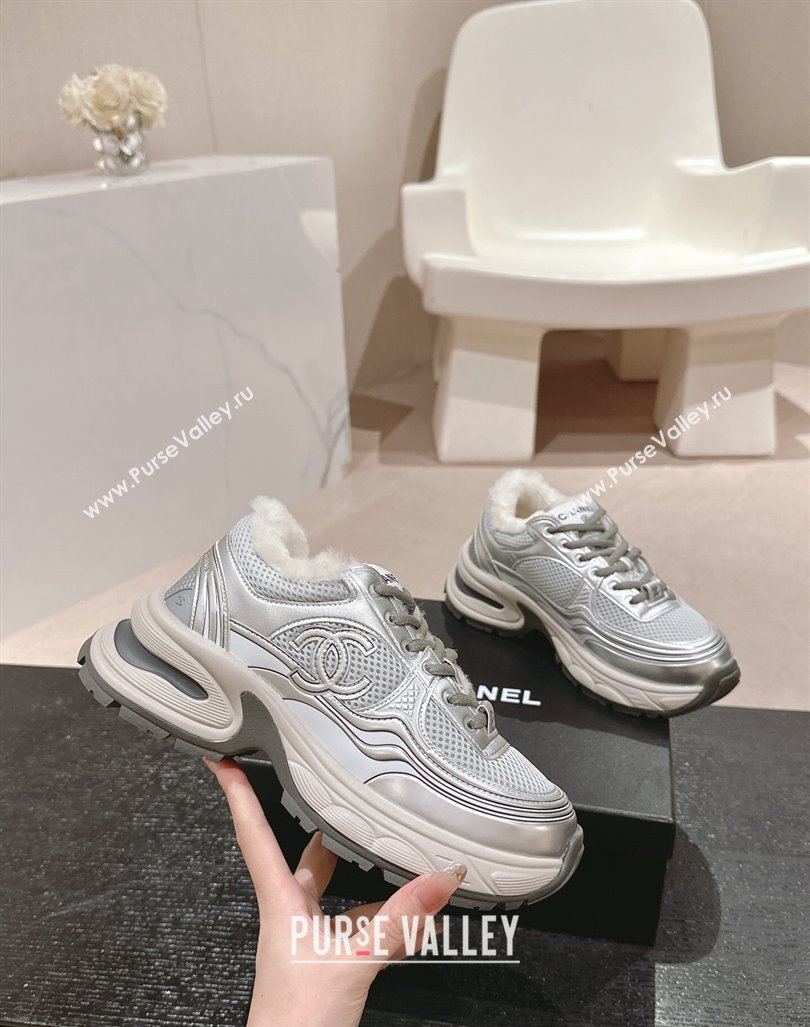 Chanel Calfskin, Mesh and Wool Sneakers Silver 2 2024 CH101627 (MD-241016101)