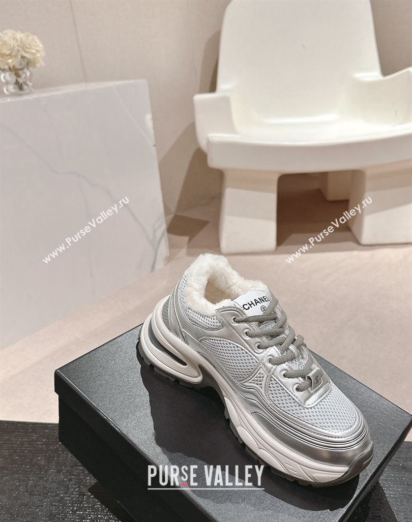 Chanel Calfskin, Mesh and Wool Sneakers Silver 2 2024 CH101627 (MD-241016101)