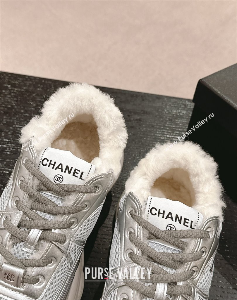 Chanel Calfskin, Mesh and Wool Sneakers Silver 2 2024 CH101627 (MD-241016101)