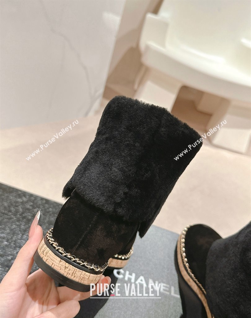 Chanel Suede Wool Fur Wood Ankle Boots Black 2024 CH101623 (MD-241016083)