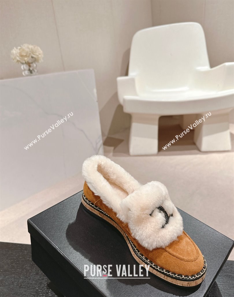 Chanel Suede Wool Fur Wood Loafers Brown 2024 CH101623 (MD-241016084)