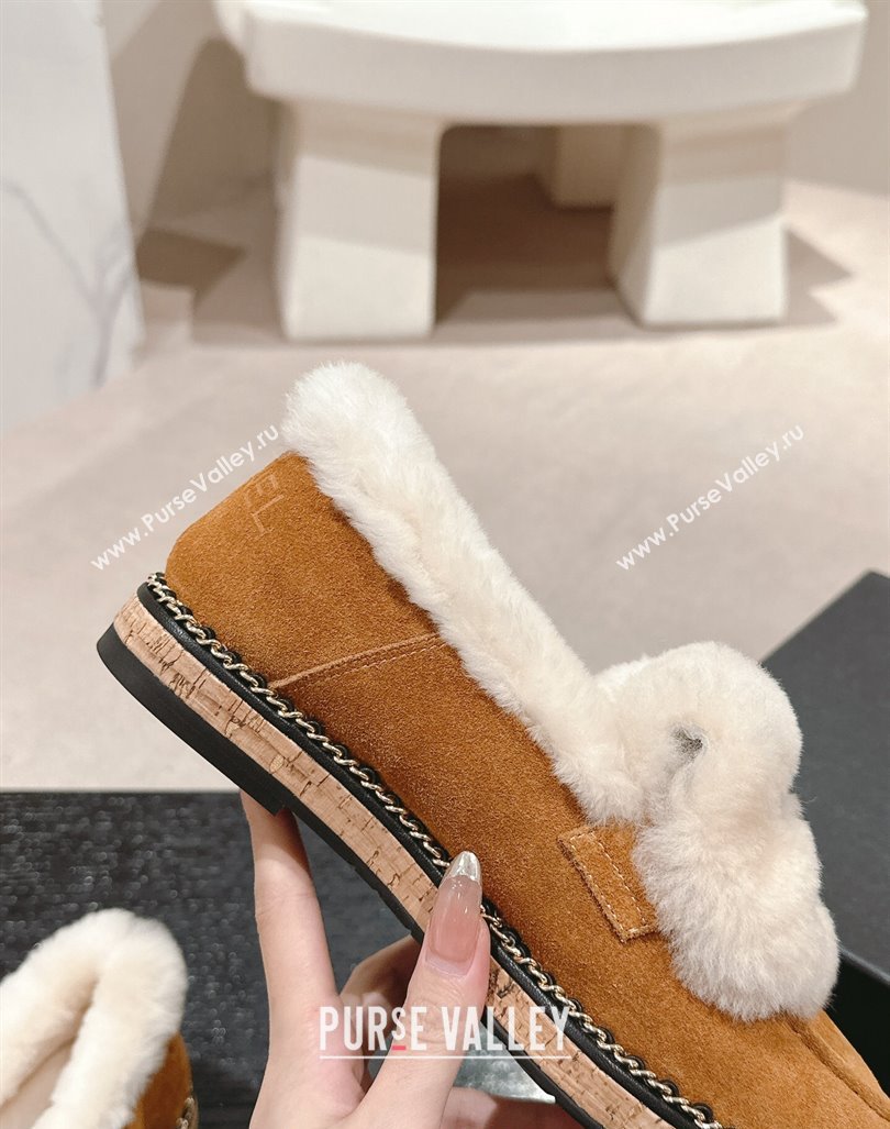 Chanel Suede Wool Fur Wood Loafers Brown 2024 CH101623 (MD-241016084)